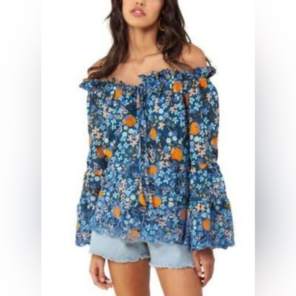 Hale Bob Floral Off-Shoulder Blue Top